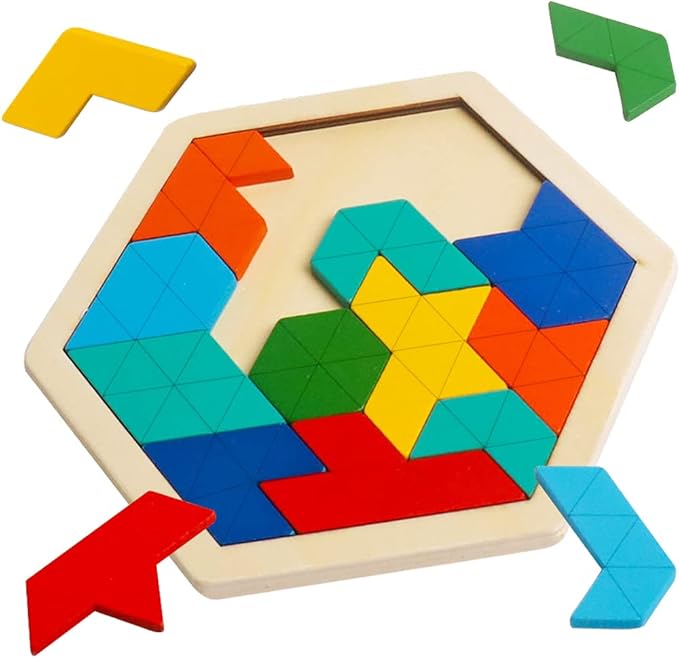 Skrtuan Wooden Hexagon Puzzle for Kid Adults Brain Teaser Blocks Puzzles Games Toy Shape Pattern Block Tangram Geometry Logic IQ STEM Montessori Educational Gift for All Ages Children Boys Girls