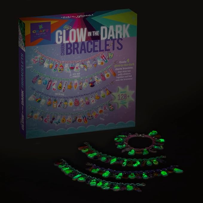 Craft-tastic DIY Glow in The Dark Charm Bracelets – Design 4 Customizable Bracelets with 120+ Easy-to-Make Puffy Sticker Charms – Creative Arts & Crafts Gift – Jewelry Making Set for Kids - Ages 6+