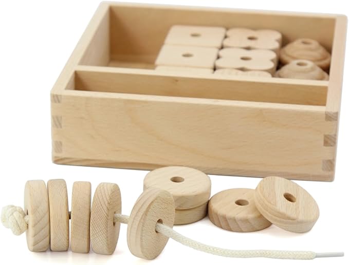 Lacing Bead 27 Large Wooden Beads 1 Lace for Toddler and Kids Montessori Educational Toy Fine Motor Skills 2 Years