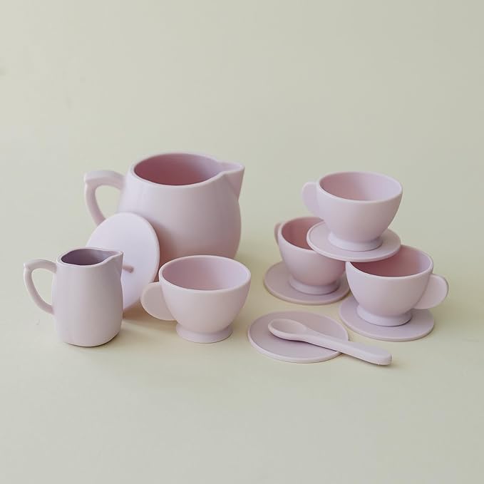Marlowe & Co Silicone Tea Play Set for Children, 12 Piece Dishwasher Safe Tea Gift Set for Toddlers (Primrose Pink)