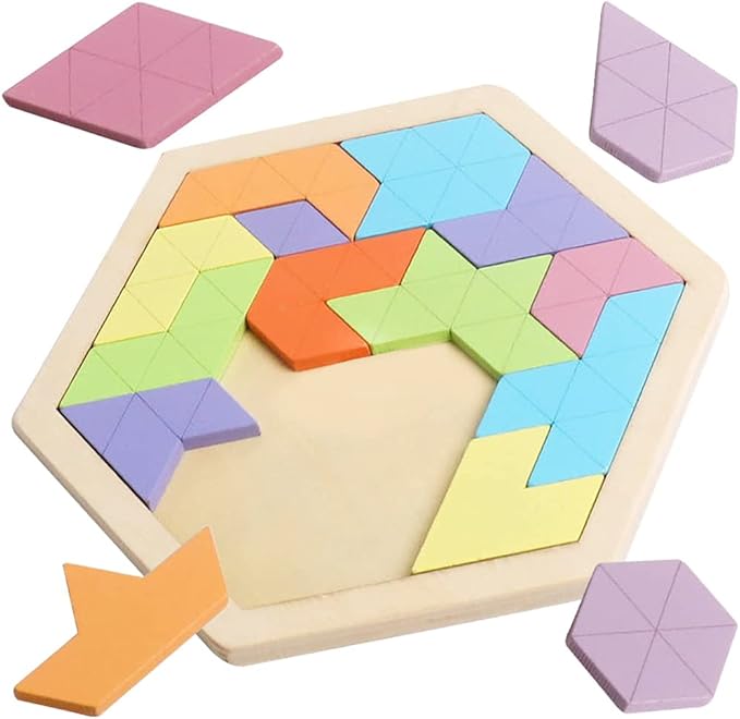 Skrtuan Wooden Hexagon Puzzle for Kid Adults Wooden Blocks Puzzle Brain Teasers Toy Shape Pattern Blocks Tangram Puzzles Games Family Portable Montessori Educational Gift for All Ages Children