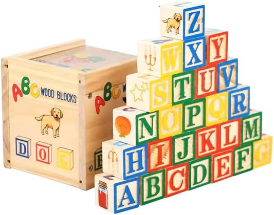 Ricky & Nicky Early Learning ABC/123/Shapes/Patterns 1-Inch Blocks Set With Storage Wooden Box (26 pcs) - Letters And Numbers/ABC Classic Wooden Blocks For Toddlers And Kids Ages 3+