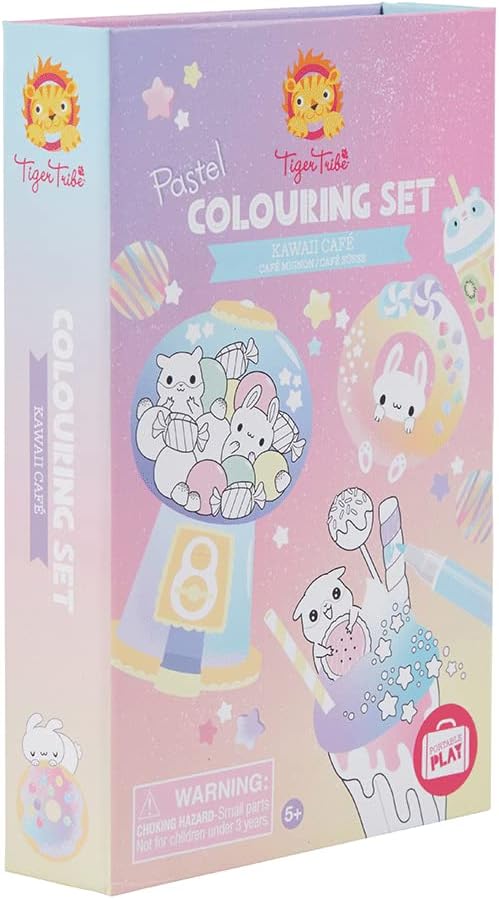 Tiger Tribe: Pastel Coloring Set - Kawaii Café -Activity Set, Cute Coloring Pages, 3 Double-Ended Pastel Pencils, Magnetic Close Storage Box, Kid Age 8+
