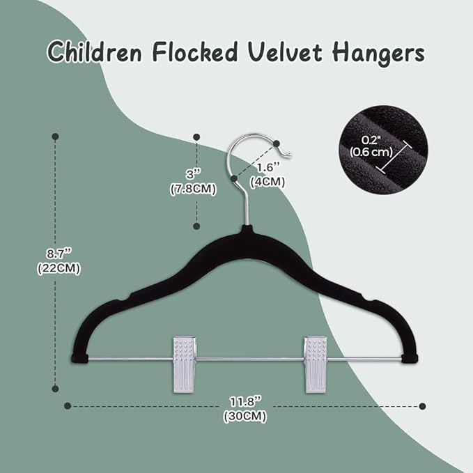 Stormix Baby Hangers, 14 Pack Pants Hangers with Clips, Non-Slip Clothes Hangers, Heavy-Duty Kids Hangers for Shirts, Pants, Skirts, Dresses, Jackets, Coat (Black)