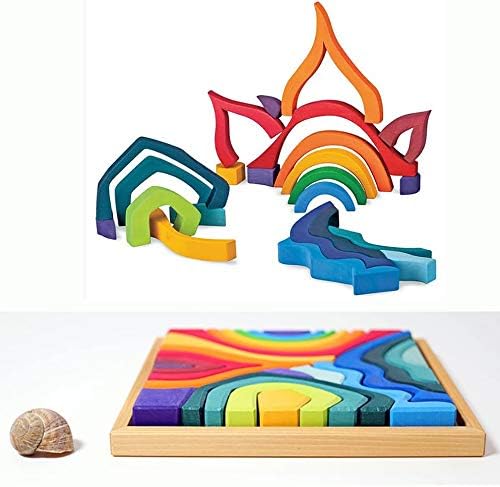 'Four Elements' Rainbow X-Large Rainbow Blocks, Wooden Toys for Kids, Geometric Building Puzzle, Volcano/House Educational Set