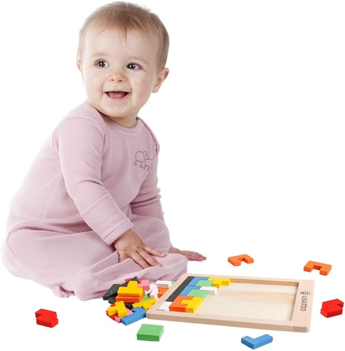 USATDD Wooden Puzzles Blocks Brain Teasers Toy Russian Tangram Colorful Jigsaw Game Montessori Intelligence STEM Preschool Educational Gift for Baby Toddlers Kids 3 4 5 6 7 Years Old Boys Girls 40Pcs