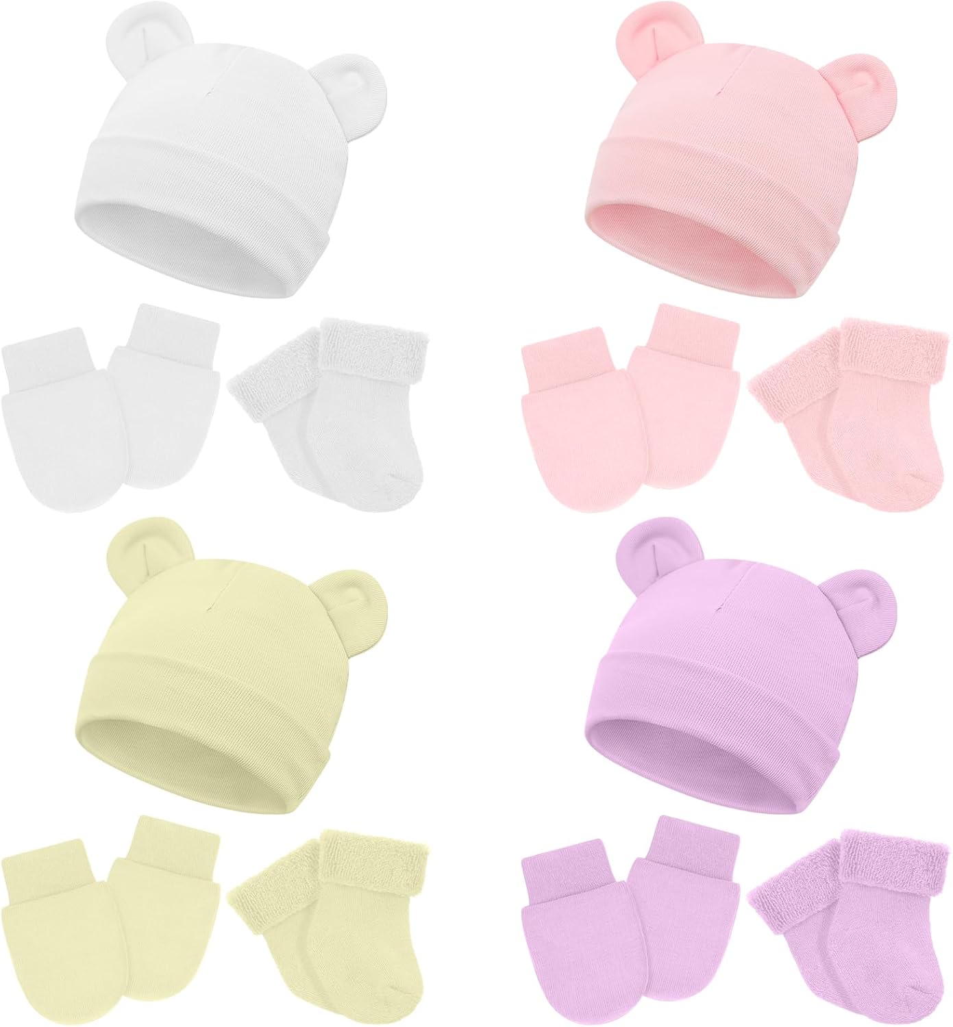 Cuffbow 4 Pcs Preemie Hats Mittens and Socks Set Preemie Mittens Warm Terry Socks for Baby
