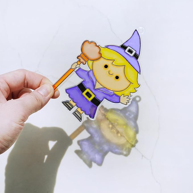 Winlyn 27 Sets Halloween Suncatchers Ornaments Decorations DIY Window Paint Art Suncatchers Halloween Craft Kits Bat Ghost Spider Monster Sun Catchers for Kids Classroom Party Activities Art Project