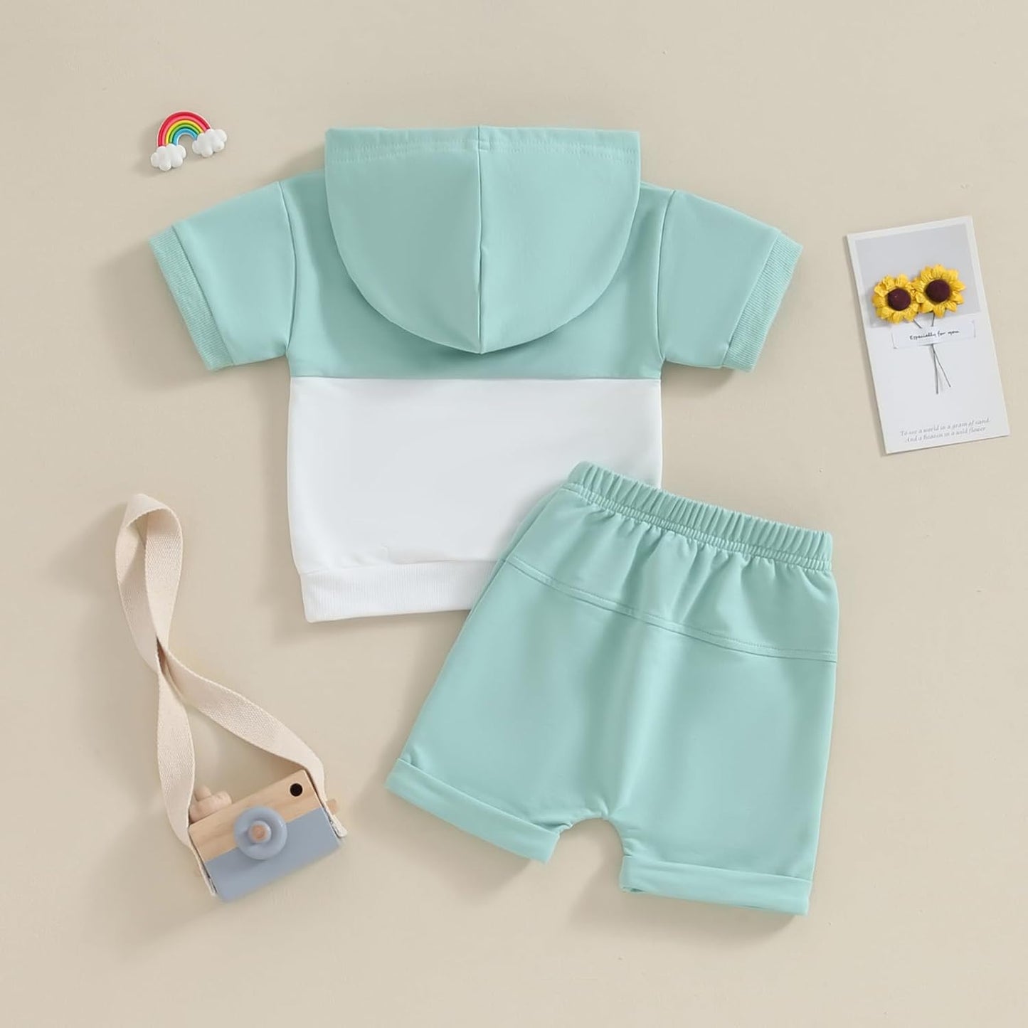 Toddler Baby Boy Summer Hooded Outfit Contrast Color Short Sleeve T Shirt Top Elastic Shorts Summer Clothes Set