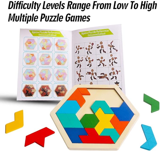 Skrtuan Wooden Hexagon Puzzle for Kid Adults Brain Teaser Blocks Puzzles Games Toy Shape Pattern Block Tangram Geometry Logic IQ STEM Montessori Educational Gift for All Ages Children Boys Girls