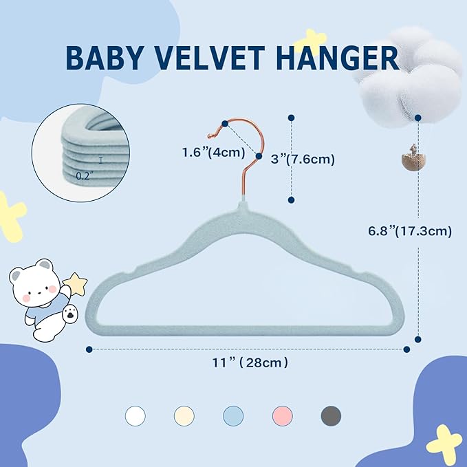 Baby Velvet Hangers, 52 Packs Kids Clothes Hangers, Non-Slip Childrens Hangers with Shoulder Notches, Storage Organizer Clothing Hangers for Infant and Toddler Blue (Rose Gold Hook)