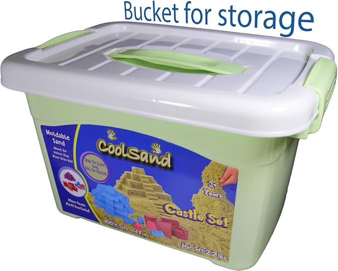 Deluxe Bucket - Castle Edition - Set Includes: 2 Pounds Moldable Indoor Play Sand, Shaping Molds, Inflatable Sandbox & Storage Bucket