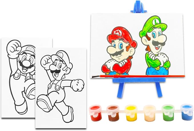 Super Mario Art Set for Kids - Bundle with Mario Art Supplies with Canvases, Easel, Paint Plus Stickers and More | Super Mario Gifts for Boys, Girls