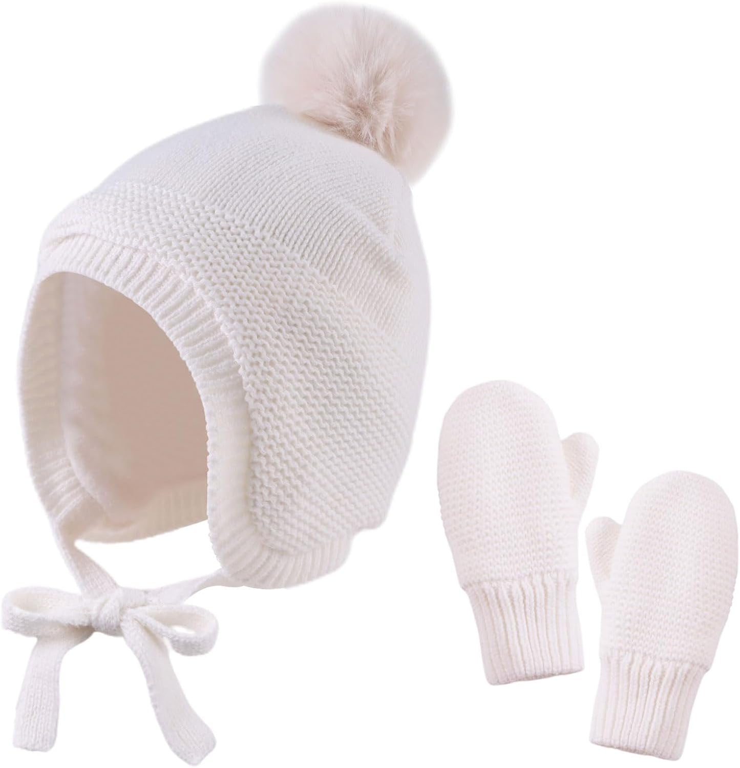 Basic Winter Baby Beanie Gloves Boys Girls Knitted Hat Pompom Kids Earflap Hats Warm Infant Toddler Beanie Mittens Set