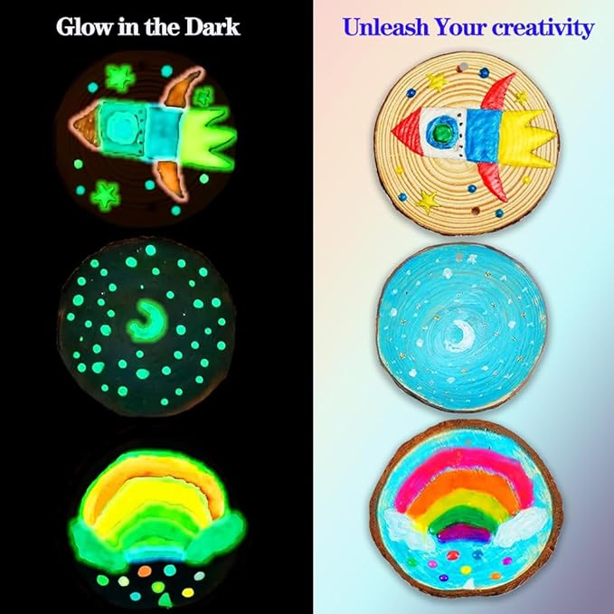 Quimoy 24 Pcs Wooden Painting Kit-Glow in The Dark, Valentines Day Gifts for Kids Classroom, Ornament Making Kit for Kids, Painting Kits for Kids Ages 4-8, Valentines Party Exchange Gifts for Boy Girl