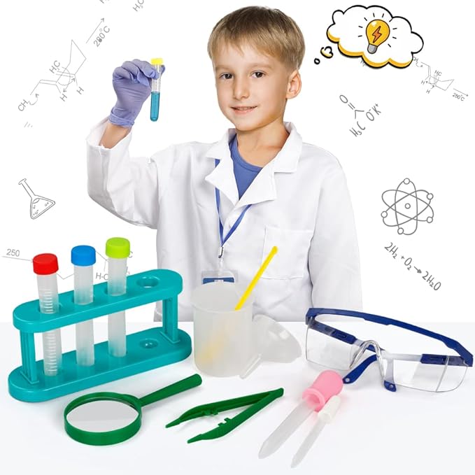 Scientist Costume for Kids, Lab Coat with Science Experiment Kit, Dress Up & Pretend Play for Boys Girls Ages 4 to 8 Years Old