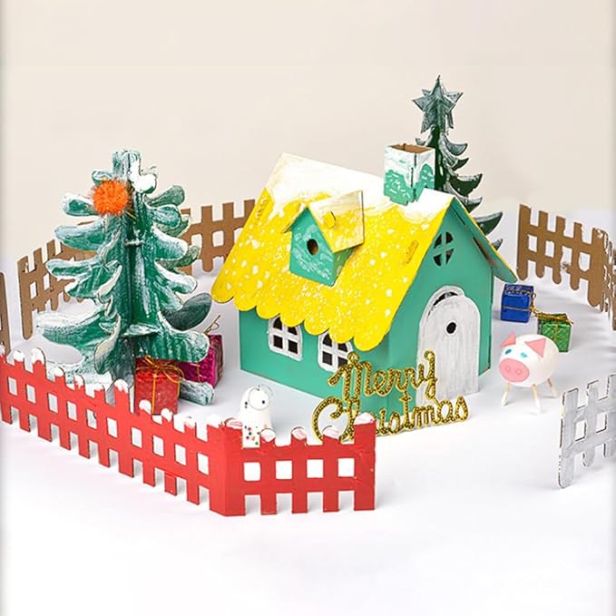 NUOBESTY 5PCS Unfinished Christmas House with Paint Set Art and Craft House for Kids DIY Crafts Woodworking Building Project for Children to Build& Paint