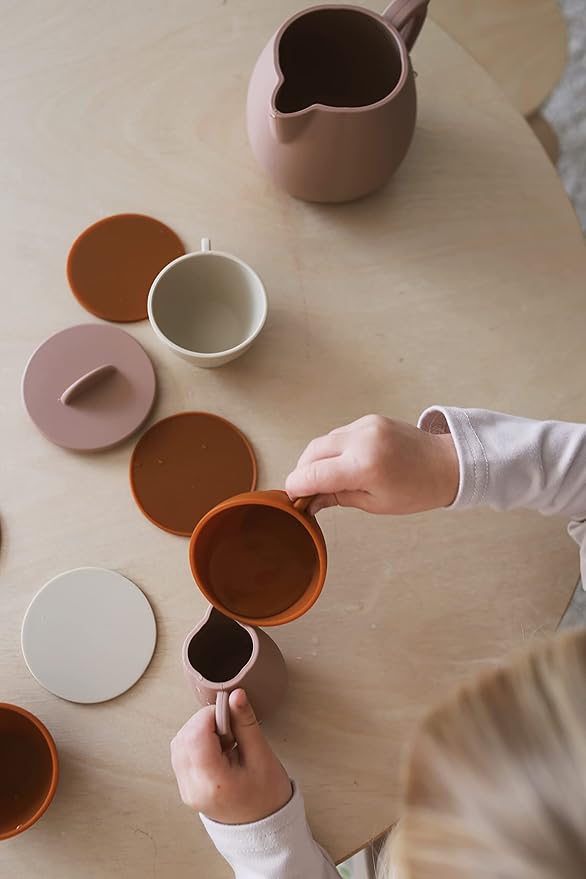 Marlowe & Co Silicone Tea Play Set for Children, 12 Piece Dishwasher Safe Tea Gift Set for Toddlers (Botanical Rose)