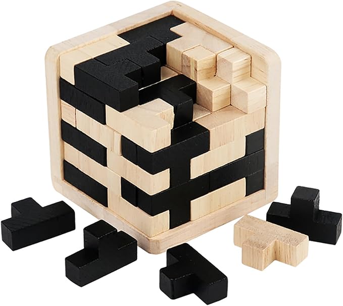 Wooden Brain Teaser Puzzle Cube Easter Basket Stuffers Wooden Puzzles T-Shaped Jigsaw Logic Puzzle Educational Toy for Kids and Adults by AHYUAN (Black and Natural)