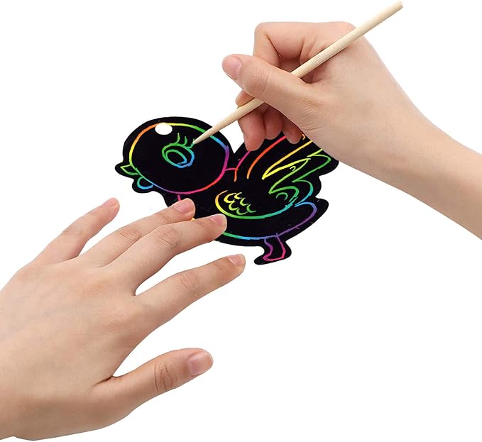 JOYIN 72 Pcs Easter Scratch Paper Set (12 Designs) Rainbow Scratch Art Easter Crafts Kit for Kids with Wooden Stick and Ribbon, Rainbow Color Scratch Ornaments for Home Tree Decor, Party Favors