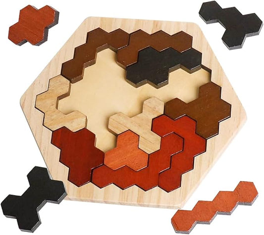 Skrtuan Wooden Hexagon Puzzle for Kids & Adults, Montessori STEM Educational Toy with Colorful Shapes, Logic IQ Brain Teaser Game for All Ages, Geometry Tangram Gift