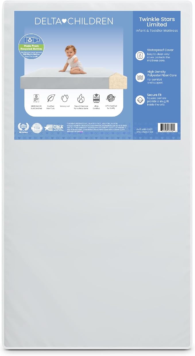 Delta Children Twinkle Stars Limited Premium Recycled Fiber Core Crib and Toddler Mattress - Waterproof Cover - GREENGUARD Gold Certified - Trusted 7 Year Warranty - Made in USA