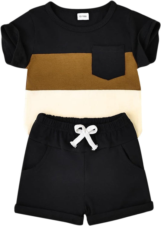 Baby Boy Clothes Toddler Boy Summer Outfits Short Sleeve Patchwork Top T-shirt & Pocket Pant Set 2 Piece 12 Months-4T