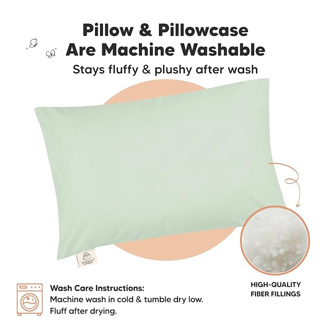 Toddler Pillow with Pillowcase - 13x18 My Little Dreamy Pillow, Organic Cotton Toddler Pillows for Sleeping, Kids Pillow, Travel Pillows, Mini Pillow, Nursery Pillow, Toddler Bed Pillow (Sage)