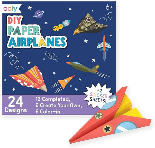 Ooly DIY Paper Airplane Book, 24 Paper Planes & Stickers, Kit Includes 12 Completed, 6 Blank and 6 Color-in Planes, Great Summer Arts & Crafts Activities for Boys and Girls
