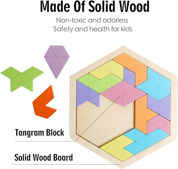 Skrtuan Wooden Hexagon Puzzle for Kid Adults Wooden Blocks Puzzle Brain Teasers Toy Shape Pattern Blocks Tangram Puzzles Games Family Portable Montessori Educational Gift for All Ages Children
