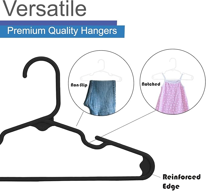 Kids and Babies Plastic Hangers - Space-Saving, Durable, and Cute Closet Organization Solution, 60 Pack (Black)