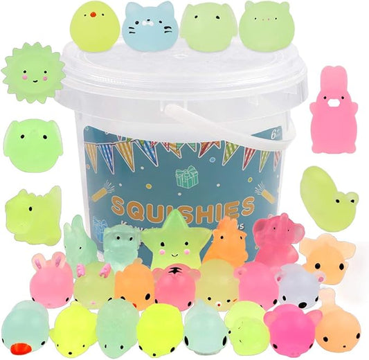 POKONBOY 23 Pack Squishies Mochi Squishy Toys Glow in The Dark Party Favors for Kids - Mini Kawaii Squishies Mochi Animals Stress Relief Squishy Pack Squishy Cat Squishys with Storage Box