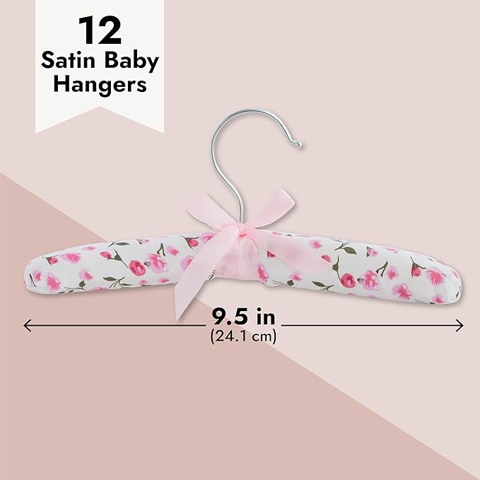 Juvale 12 Pack Satin Padded Baby Hangers for Closet, Nursery, Baby Clothes, Pink Floral Design (9.5 in)