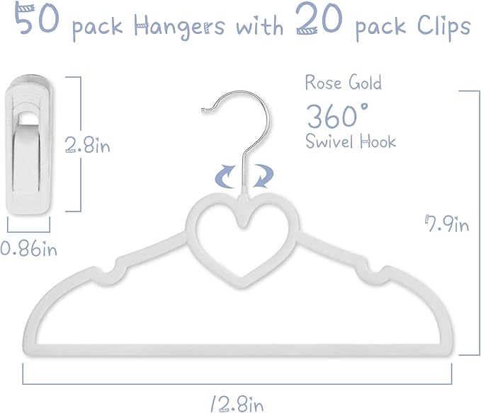 Grey Heart Velvet Baby Hangers - 50pack 13inch Toddler Hangers with 20pcs Clips, Premium Velvet Strong and Durable Baby Clothes Hangers Without Slipping, Ultra Slim and Stackable Space Saving