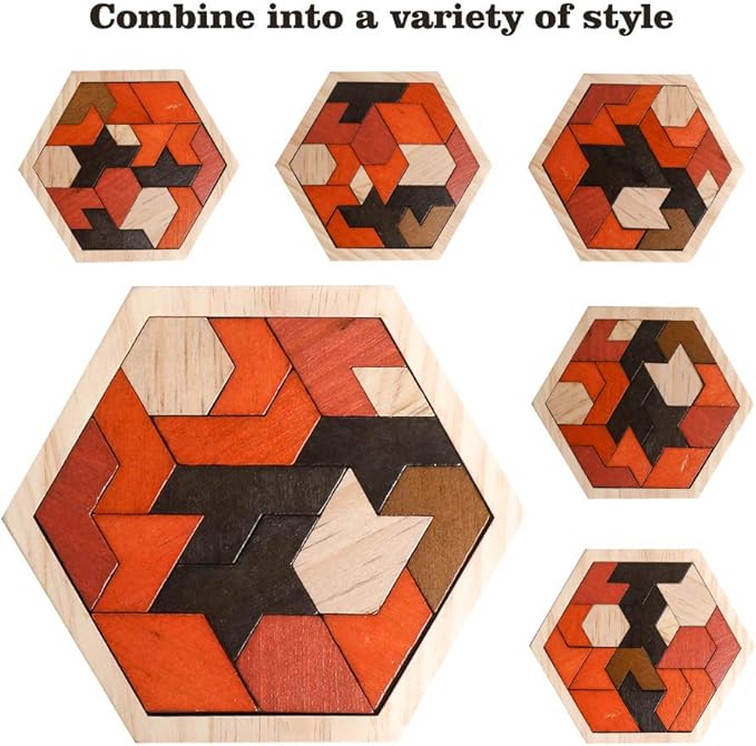 Skrtuan Wooden Puzzle Hexagon Tangram Puzzle for Kids Adults Brain Teasers Puzzles Game Challenge Toy Shape Pattern Block Tangram Family Portable Montessori Educational Gift for All Ages Boys Girls