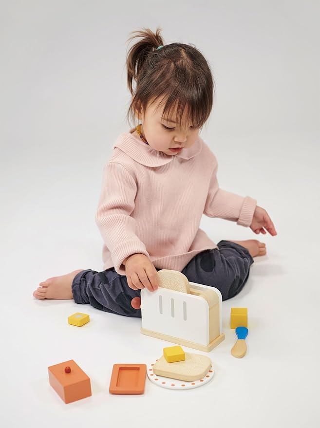 Mentari Toys - Rise & Shine Toaster Set - 10pc Wooden Toaster Toy with Pretend Play Food Accessories - Kids Role Play Kitchen/Cafe Toy - Improves Motor Skills - Sparks Creativity - Age 3+
