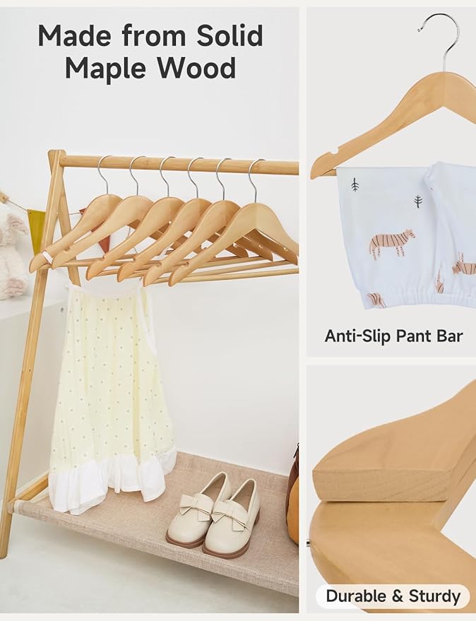 StorageWorks Baby Clothes Hangers, Kids Wooden Hangers with Pant Bar, 20-Pack Natural Wood Hangers for Toddler, Children's Coat Hangers for Closet, Solid Maple Wood Hangers, Natural Maple Wood Color