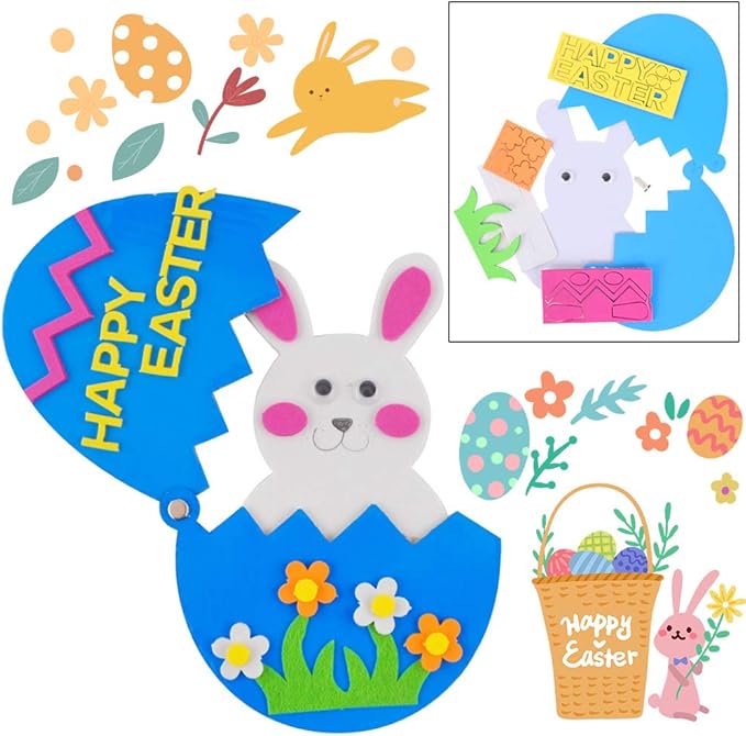 BigOtters Easter Craft Kits, 6PCS DIY Sets Including Hatching Chick Bunny Egg Easter Basket Craft Stick Sign Bunny Wreath and Rabbit Glasses for Kids Favor Classroom Daycare Homeschool Art Decor