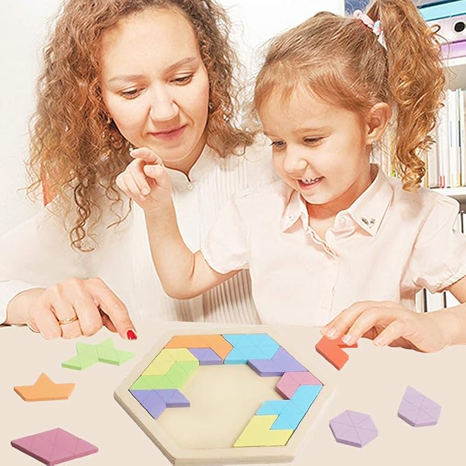 Skrtuan Wooden Hexagon Puzzle for Kid Adults Wooden Blocks Puzzle Brain Teasers Toy Shape Pattern Blocks Tangram Puzzles Games Family Portable Montessori Educational Gift for All Ages Children