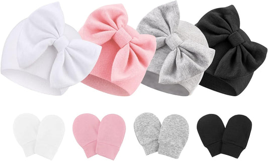 BQUBO Newborn Baby Hats Mittens Set Hospital Hat Beanie Infant Bow Hats Baby Gloves No Scratch Mittens for 0-6 Months