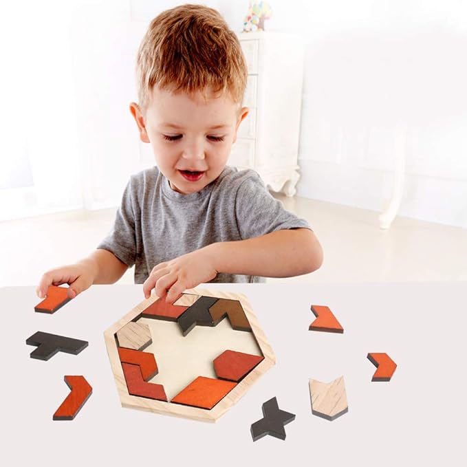 Skrtuan Wooden Puzzle Hexagon Tangram Puzzle for Kids Adults Brain Teasers Puzzles Game Challenge Toy Shape Pattern Block Tangram Family Portable Montessori Educational Gift for All Ages Boys Girls