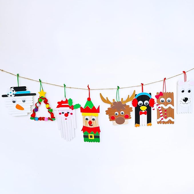 Winlyn 32 Sets Christmas Craft Kits Winter Crafts DIY Popsicle Stick Christmas Ornaments Decorations Art Sets Craft Sticks Christmas Foam Stickers for Kids Holiday Classroom Activities Party Favors