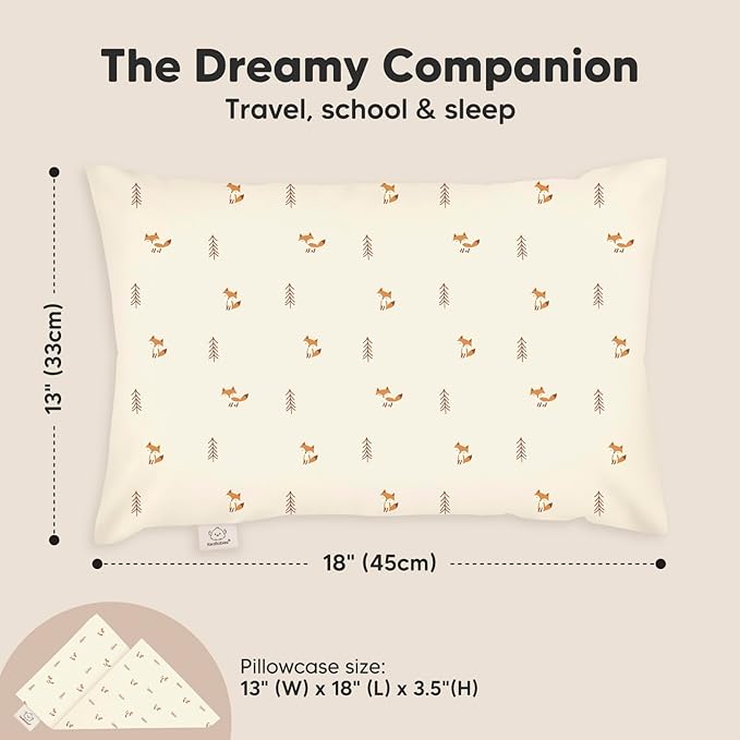 Toddler Pillow with Pillowcase - 13x18 My Little Dreamy Pillow, Organic Cotton Toddler Pillows for Sleeping, Kids Pillow, Travel Pillows, Mini Pillow, Nursery Pillow, Toddler Bed Pillow (Fox Tales)