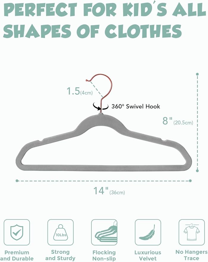 Smartor Kids Velvet Hangers 50 Pack, 14'' Inch Premium Non Slip Kids Felt Hangers for Closet, Space Saving Toddler Clothes Hanger for Youth's Childrens' Clothes (Rose Gold Hook)- Grey