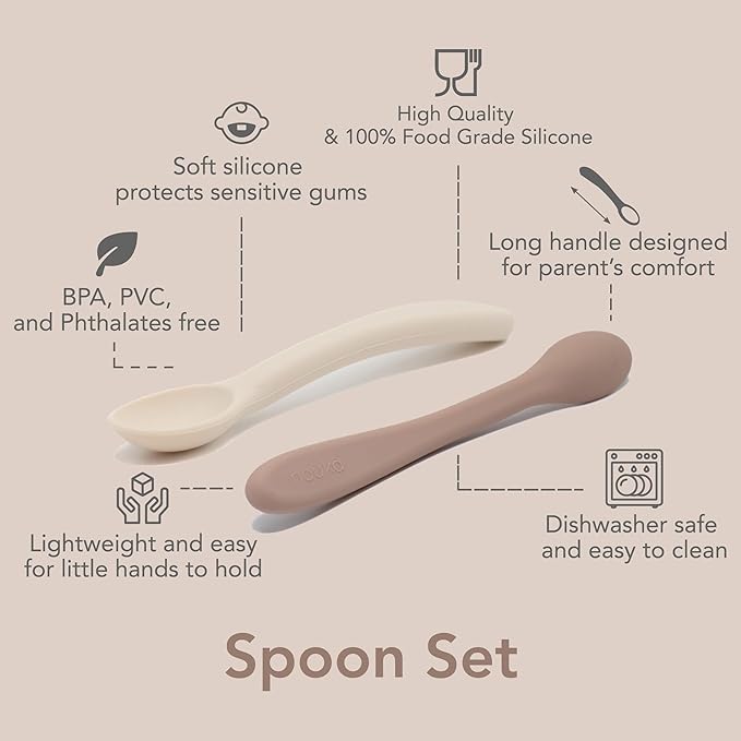 nouka Feeding Spoon Set | 100% Food-Grade Silicone | Comes With A Long & Comfortable Grip | Safe & Soft | Dishwasher Friendly | Soft Blush/Shifting Sand | 2-Pack