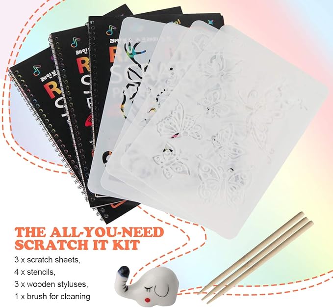 Mocoosy 3 Pack Rainbow Scratch Art Paper Notebooks, Magic Scratch Off Paper Set for Kids Arts Crafts, Black Scratch Note Doodle Pads for Drawing Christmas Gifts Birthday Game Coloring Activity