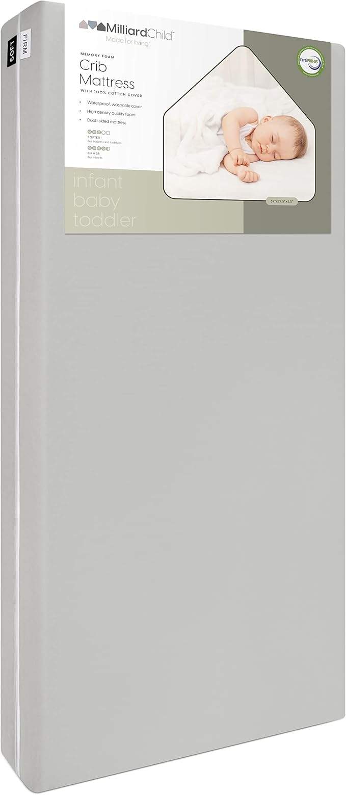 Milliard Memory Foam Crib Mattress, New Edition, Flip Technology, Firm Side for Baby and Soft Side for Toddler - 100% Cotton Cover, Made in The USA, 5.5x52x27.5 in.