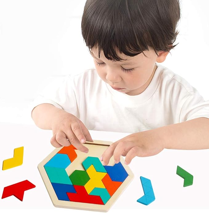 Skrtuan Wooden Hexagon Puzzle for Kid Adults Brain Teaser Blocks Puzzles Games Toy Shape Pattern Block Tangram Geometry Logic IQ STEM Montessori Educational Gift for All Ages Children Boys Girls