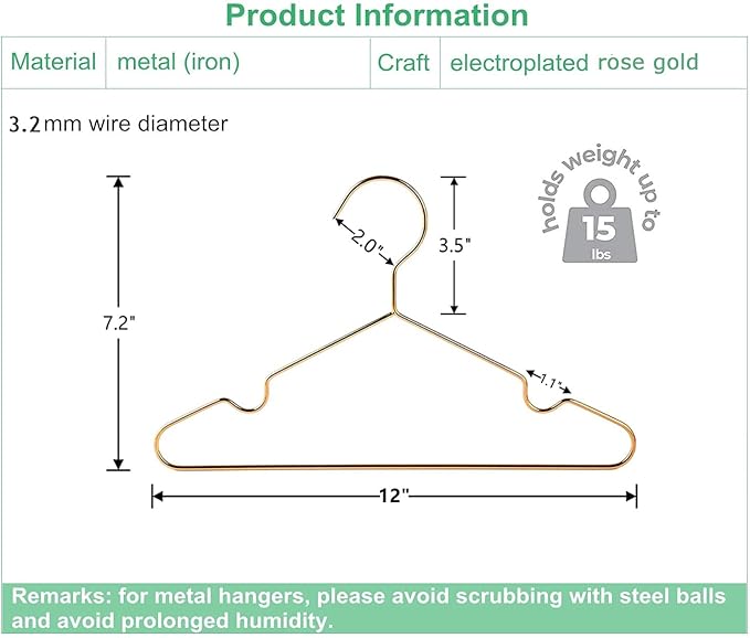 Amber Home 20Pack 12" Rose Gold Kids Baby Hangers, Strong Metal Children Clothes Hangers for Closet, Space Saving Infant Hanger for Toddler Coats Pants (Rose Gold, 20)