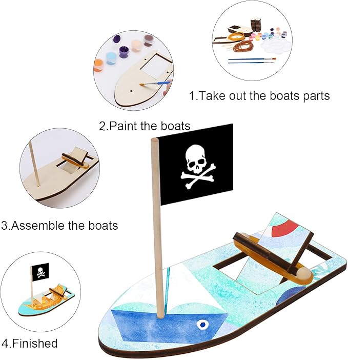 Fennoral 8 Pack Wooden Boat Crafts for Kids Make You Own Sailboat Model Kits DIY to Build and Paint Wood Rubber Band Paddle Boats Toy for School Art Projects Birthday Gifts